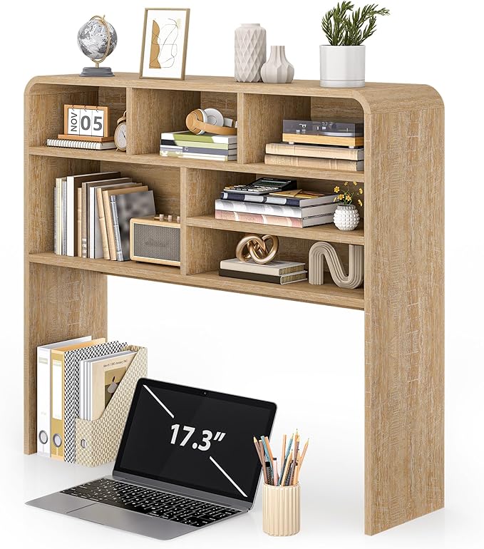 5-Tier Desk Shelf, 37.4''W Desktop Bookshelf for Computer Monitor, Desktop Organizer Shelf Storage Rack with 6 Cubbies, 5-Level Desk Hutch Display Rack for Home, Office, Dorm, Vanity, Natural