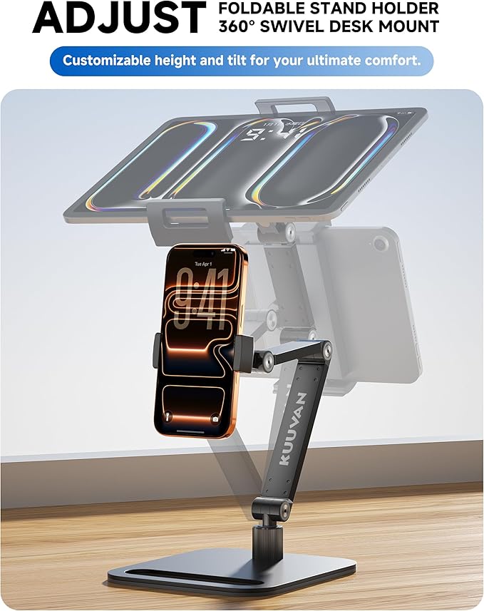 Portable Monitor Stand Holder for 15.6'',17.3'', Tablet Stand Holder for iPad, Aluminum Alloy Foldable Arm Mount with 360° Swivel Desk Mount Compatible with 4.7-17.3inch Tablet (Black)