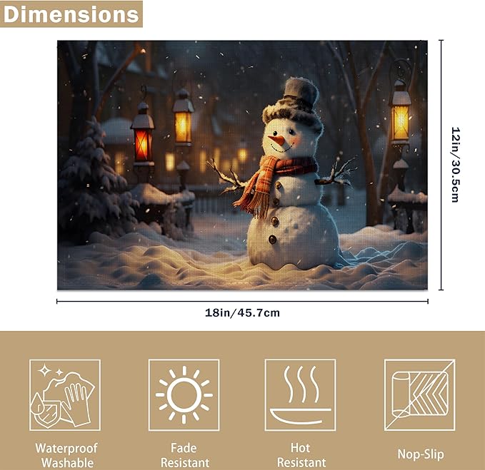 Linen Placemats Set of 6, Christmas Snowman Washable Table Mats 12x18 Inch, Heat Resistant Non Slip Placemats for Dining Table Kitchen Everyday Use