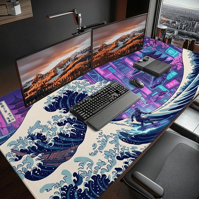 Cyberpunk Extended Mouse Pad 48x24in, Neon City Wave Gaming Desk Mat, Anti-Slip Rubber Base Mousepad for PC Gamers & Streamers