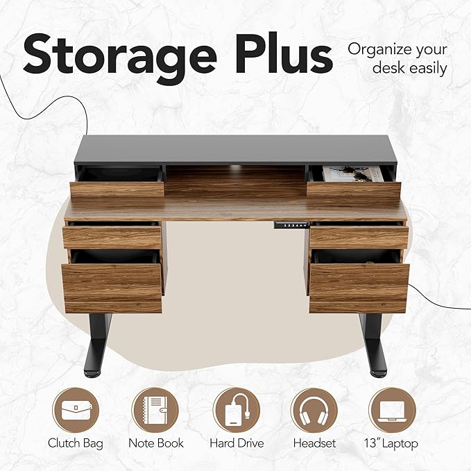 HUANUO Electric Standing Desk with 6 Drawers, 55 Inch Height Adjustable Stand Up Desk with Storage, Computer Workstation Compatible with Monitor Stand for Home Office, Black Walnut