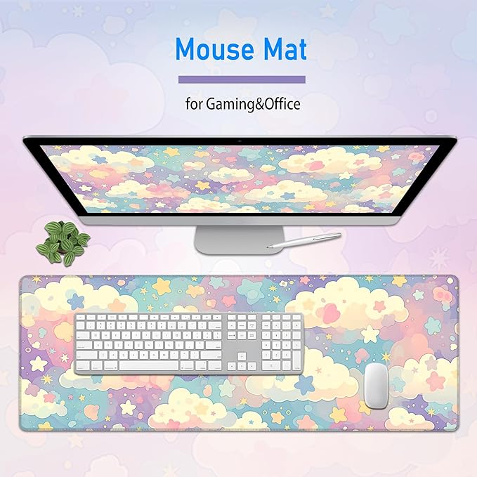 Cute Large Mousepad,Colorful Clouds and Stars Aesthetic Mouse Mat,Extended Pastel Pink Kawaii Women Office Desk Decor Mat,Girly Dreamy Mouse Pad for Work Game Office and Home,31.5 x 12in