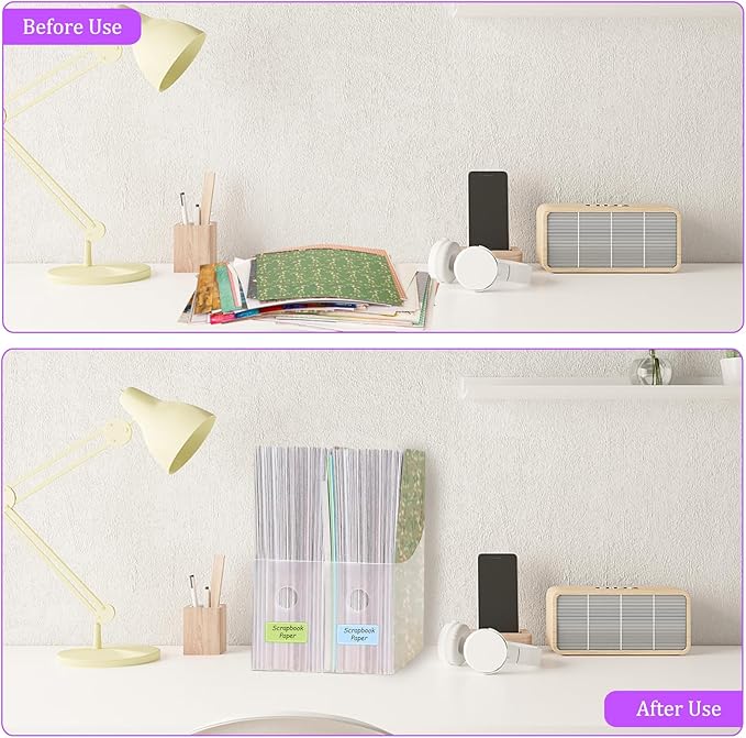 YHOLSDAS 12"x12" Paper Storage Organizer, 6 Pcs Vertical Scrapbook Paper Storage with 18 Pcs Sticky Index Tabs, Foldable Scrapbook Paper Storage Organizer for Files, Cardstock, Magazines