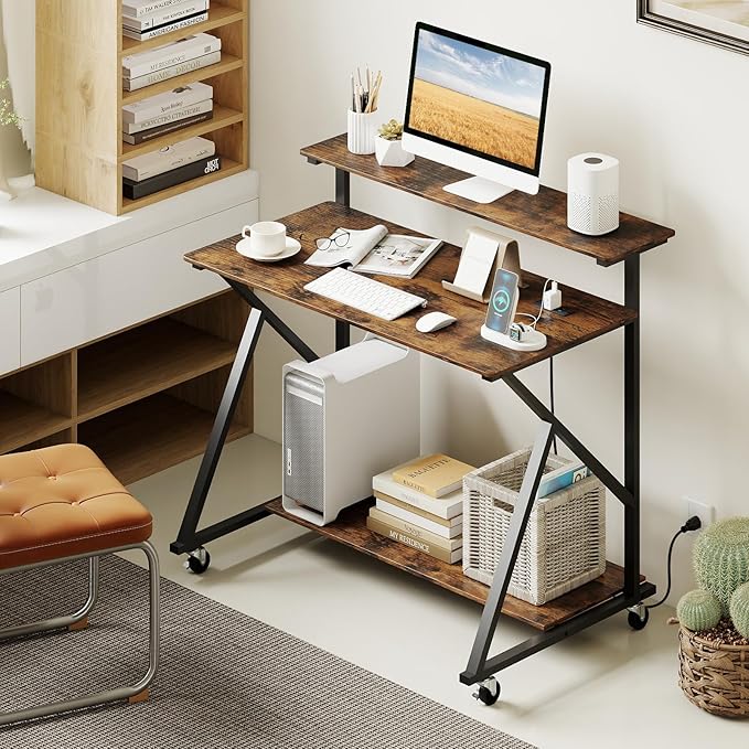 Tangkula 39.5" Mobile Computer Desk with Power Outlets, Rolling Laptop Workstation with Monitor Stand & Storage Shelf, Gaming Writing Desk with Lockable Wheels for Home Office Bedroom (Rustic Brown)