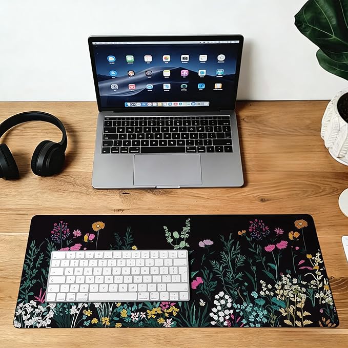 Large Gaming Mouse Pad Floral Meadow Desk Mat,Non-Slip Rubber Base Stitched Edges,Extended Mousepad for PC,Laptop,Office,Home Decor(31.5 x 11.8 Inch)