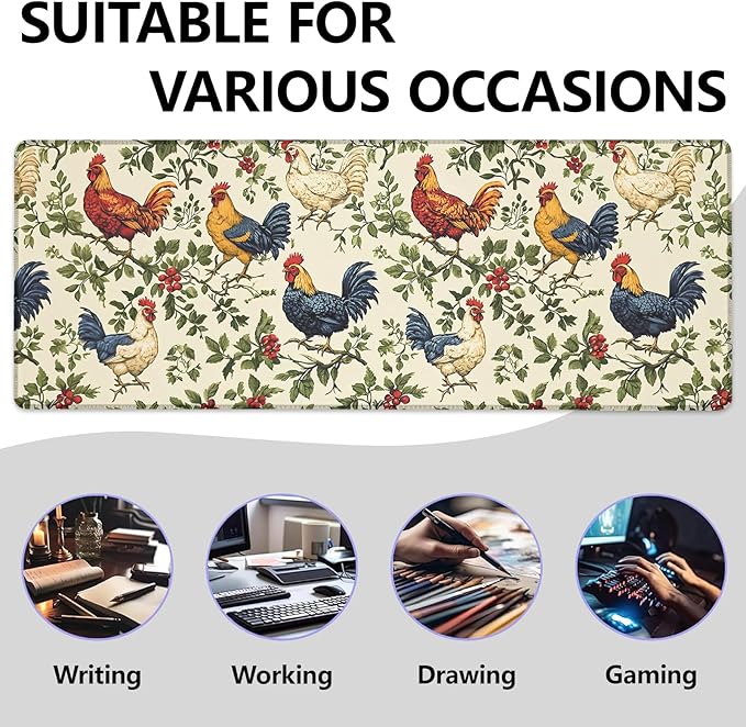 Rustic Rooster and Hen Large Mouse Pad, Gaming Mouse Pad, Non-Slip Rubber Base, Office Accessories, Desk Mat, Farm MousePads for School, Work, Home Decor Gifts 31.5" x 11.8"