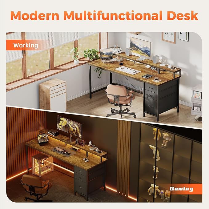 Mericonia 63 inch Computer Desk with Storage Drawers & Monitor Stand, Reversible Gaming Desk with LED Lights & Power Outlets, Large Gaming Table for Home Office