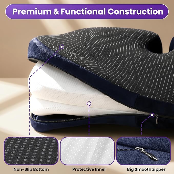 ZZ-WELL Seat Cushions for Office Chairs - Coccyx Cushion for Tailbone Pain Pressure Relief - Memory Foam Butt Pillows for Sitting, Wheelchair, Car Seat- Carry Handle & Non Slip Bottom (Navy Blue)