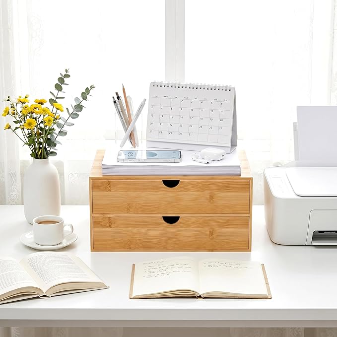 Desk Organizer with Drawers - Bamboo Desktop Organizer Storage | Wood Desk Drawers Organizer for Bills, Office Supplies, Cosmetics, Seals No Assembly Required (2 Drawer)