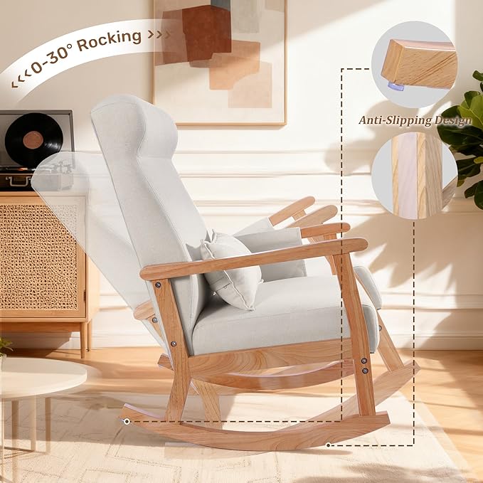 NOBLEMOOD Rocking Chair Indoor with Ottoman, Upholstered Rocking Chair with Lumbar Pillow, Side Pocket, High Back Solid Wood Frame Rocker with Footrest for Living Room