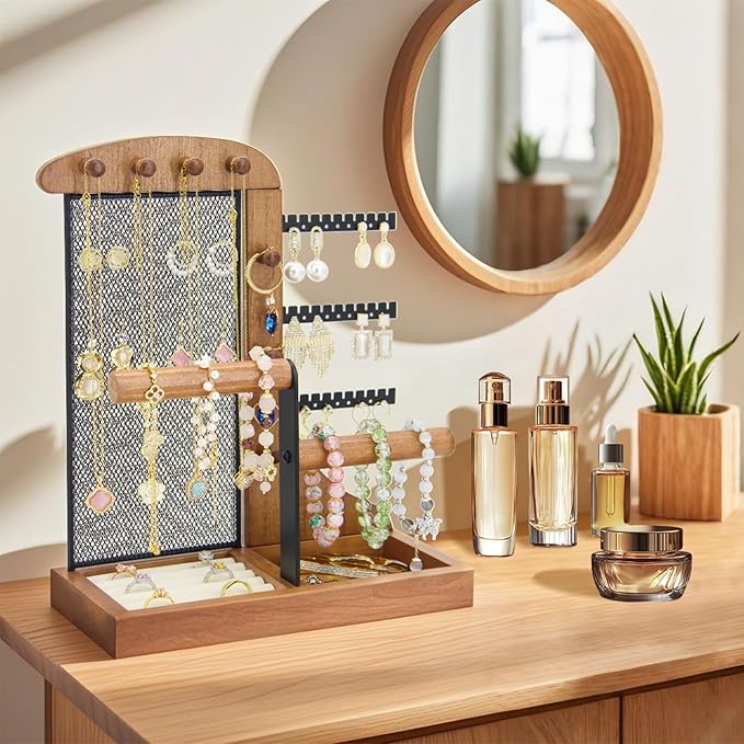 KOOAAICCHI Jewelry Organizer Stand Wooden Multi-Tier Jewelry Display Rack,Anti-tangle Necklace Holder,Jewelry Stand with Velvet Tray for Rings,Earrings and Bracelets (Brown)