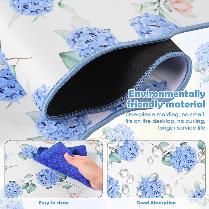 Copkim 1 Pcs Blue Scalloped Hydrangea Desk Mat 31.5 x 11.8 Inch Large Cute Mouse Pad Computer Mat Non Slip Waterproof Rubber Base with Border Stitching Soft Keyboard Pad for Home Office Gaming Makeup