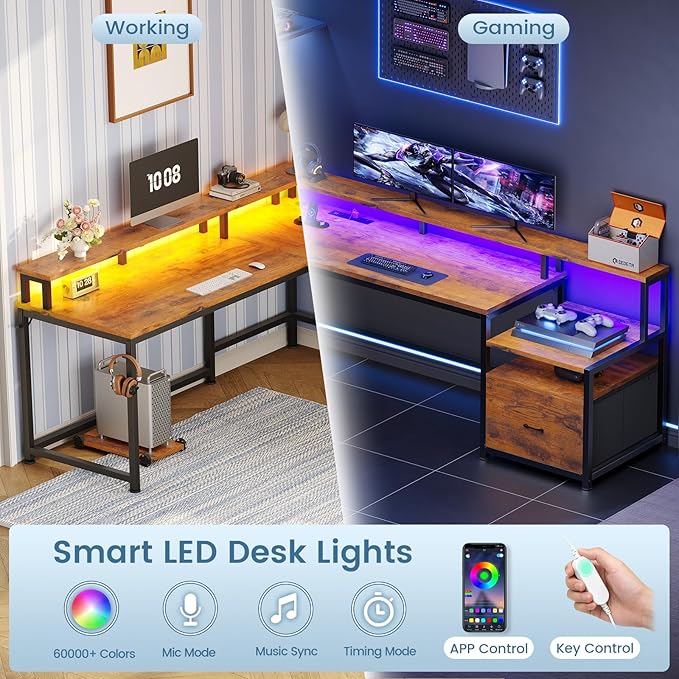 SEDETA 66" L Shaped Desk with Power Outlet, Reversible Home Office Computer Desk with File Drawer & Monitor Shelf, Storage Shelves, LED Lights, Rustic Brown for Corner Small Spaces