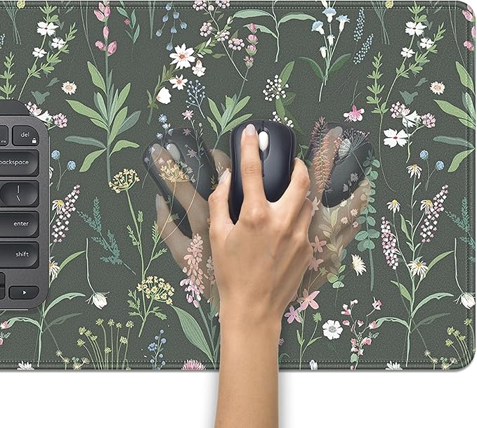 Green Plant and Floral Mouse Pad,Large Flowers Mousepad Desk Pad with Stitched Edges,Non-Slip Waterproof Rubber Base Mouse Mat for Office Computer Keyboard Laptop Home 27.5x11.8 in