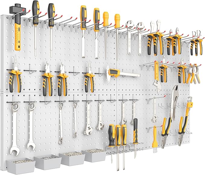 TORACK Garage Tools Organizer Boards Kit with Hooks, Modular Wall-Mounted Tool Storage Pegboard for Workbench(Gray, 4 Panels with Hooks)