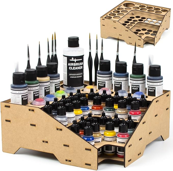 PROSCALE Corner Paint Rack Organizer, Art desk Corner Paint Stand holder for Miniature & Model Paints + Brush/Tool Slots, 26 36mm Holes Compatible with Vallejo, Army Painter, AK (Module C)