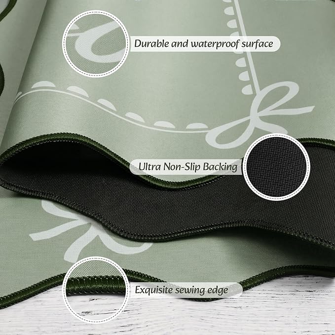 Scalloped Bow Desk Mat Cute Coquette Large Mouse Pad Kawaii Cottagecore ‌Vintage‌ Rustic Keyboard Pad Nonslip 2026 Graduation Gift with Stitching Waterproof Gaming(Sage Green)