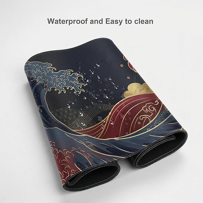 48x24in Large Gaming Mouse Pad, Traditional Japanese Wave Extended Desk Mat, Non-Slip Waterproof Keyboard Pad with Gold Accents for Home Office Gaming