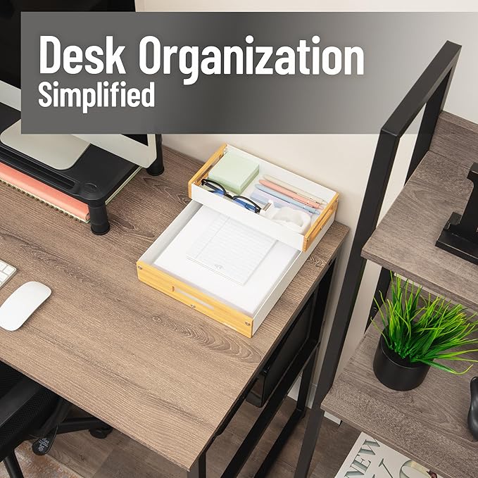 Mind Reader Metal and Wood Tiered Desktop Organizer Trays with Cutout Handles, Stackable Office Storage, Office, Entryway, Coffee Station and Home Organization, Metal and Wood, Set of 2, White