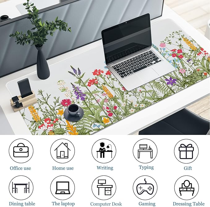 Desk Pad Botanical Floral, Desk Mat for Desktop, Sage Green Spring Flowers XXL Large Gaming Mouse Pad Non-Slip Rubber Base Stitched Edges Waterproof Keyboard mat for PC/Laptop/Computer/Work/Office