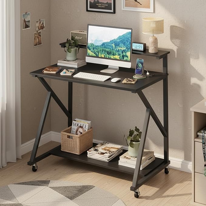 Tangkula Rolling Computer Desk Cart with Power Outlets, 32" Mobile Portable Laptop PC Desk with Monitor Stand, CPU Stand & Storage Shelf, Compact Small Desk on Wheels for Small Space (Black)