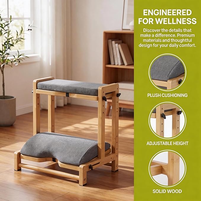 Double Step Under Desk Foot Rest - Adjustable 4-Height Wooden Foot Stool with Ergonomic Cushion for Office, Gaming & Study - Ergonomic Support for Improved Posture