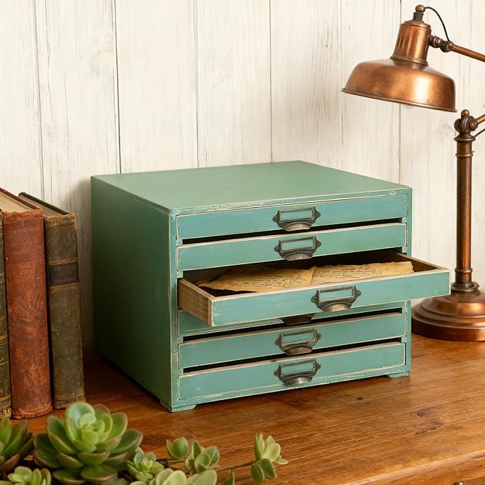 Vintage 6-Drawer Wooden Desktop Organizer Cabinet, Rustic Distressed Wood Card Catalog Cabinet, Antique Storage Box for Jewelry Cosmetics Craft Paper Home Office Decor (Green)