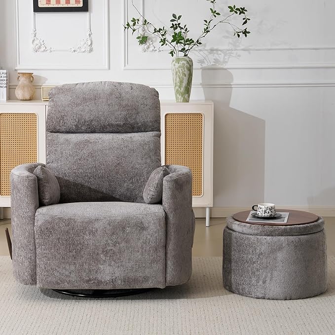 Oversized Swivel Rocker Recliner Chair with Massage and Heat, Manual Swivel Glider Rocker Recliner with 2 Bolster Pillows, Rocking Nursery Chair with Storage Ottoman , Adjustable Headrest, Dark Grey