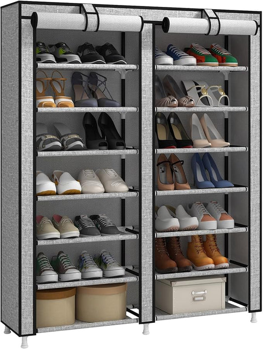 JIUYOTREE 7-Tier Shoe Rack Storage Organizer with Dustproof Cover Closet Cabinet Shelf Holds up to 28 Pairs for Doorway Corridor Balcony Living Room Ash Gray