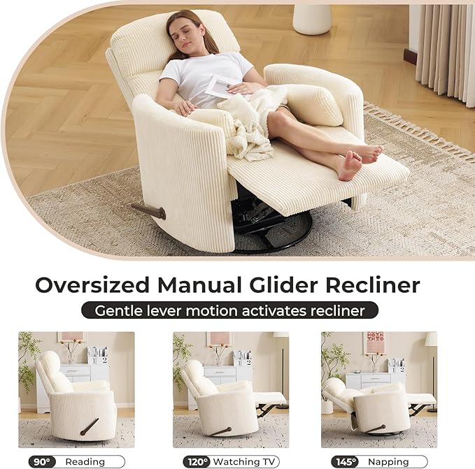 Oversized Swivel Rocker Recliner Chair with Massage and Heat, Manual Swivel Glider Rocker Recliner with 2 Pillows, Rocking Nursery Chair with Storage Ottoman, Adjustable Headrest,Corduroy Beige