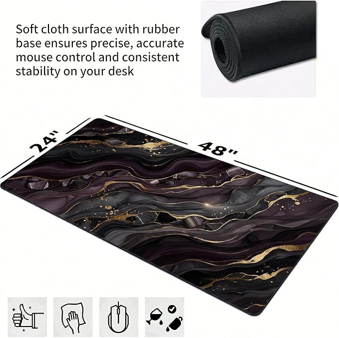 Black Gold Marble Mouse Pad 48x24in, Luxury Abstract Extended Desk Mat, Non-Slip Waterproof Keyboard Pad for Office & Gaming