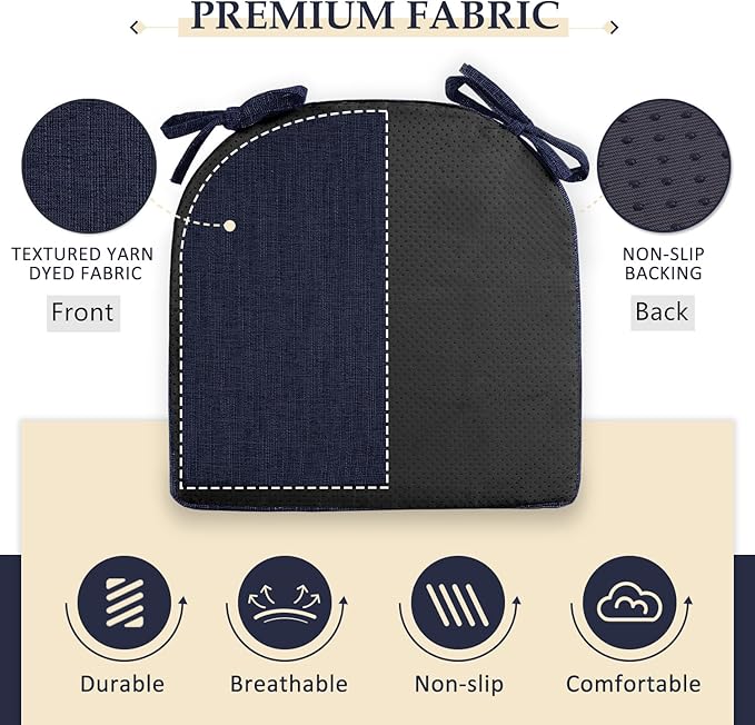 Wellsin Chair Cushions for Dining Chairs 6 Pack - Kitchen Chair Cushions with Ties and Non-Slip Backing - Dining Chair Pads 16"X16"X2", Navy