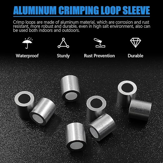 50Pcs Wire Rope Stop Sleeves, 3/16 Inch (5mm) Aluminum Crimping Loop Sleeve Round Cable Stop Sleeve for Wire Rope
