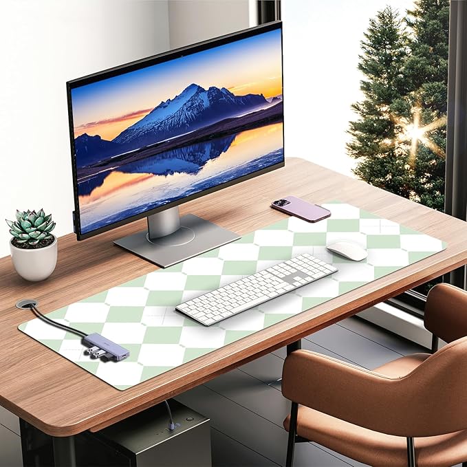 Checkered Desk Mat with PU Leather, 35.4" x 15.7" Non-Slip Large Mouse Pad for Desk, Easy Clean Desk Mat for Keyboard and Mouse, Leather Desk Pad for Office/Home/Decor (Light Green)