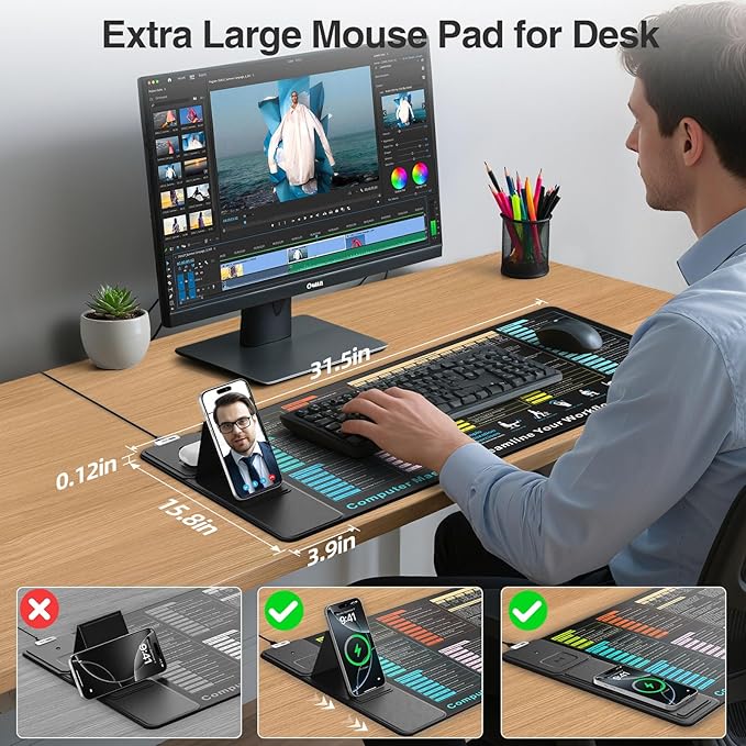 Wireless Charging Mouse Pad with Foldable Phone Holder, 31.5"x15.8" XXL Excel Cheat Sheet Desk Mat for Laptop/Keyboard, Waterproof Ultra-Smooth Surface, Non-Slip Base