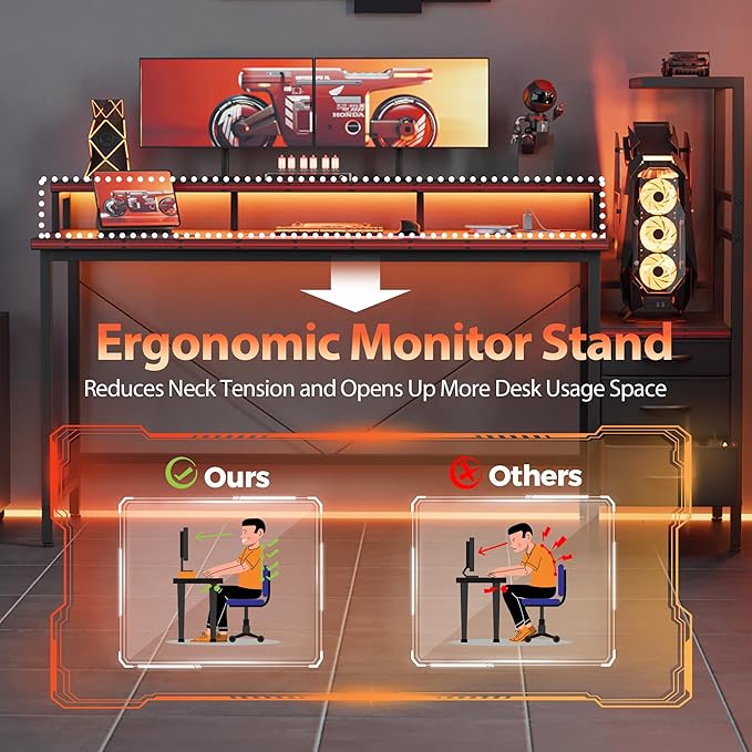 Mericonia 60 inch Gaming Desk with LED Lights & Power Outlets, Reversible Computer Desk with Storage Drawers & Monitor Stand, Large Gaming Table for Home Office
