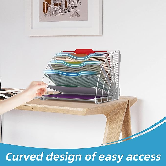 SUPEASY Fan Shaped Desk File Organizer, 6 Compartments for Filing Paper Bills, Letters, Desk Accessories for Workspace, School, Office, Waiting Room, Classroom Storage, White