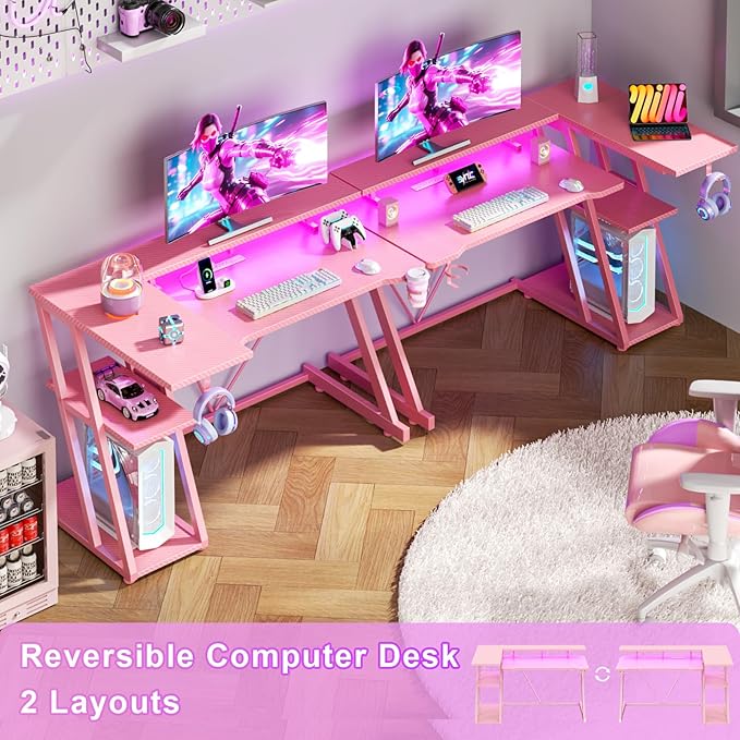 Korfile 40 Inch Pink Gaming Desk with Power Outlet & LED Lights, Corner Computer Desk with 3 Tiers Storage Shelves, L Shaped Gaming Desk with Monitor Stand for Bedroom