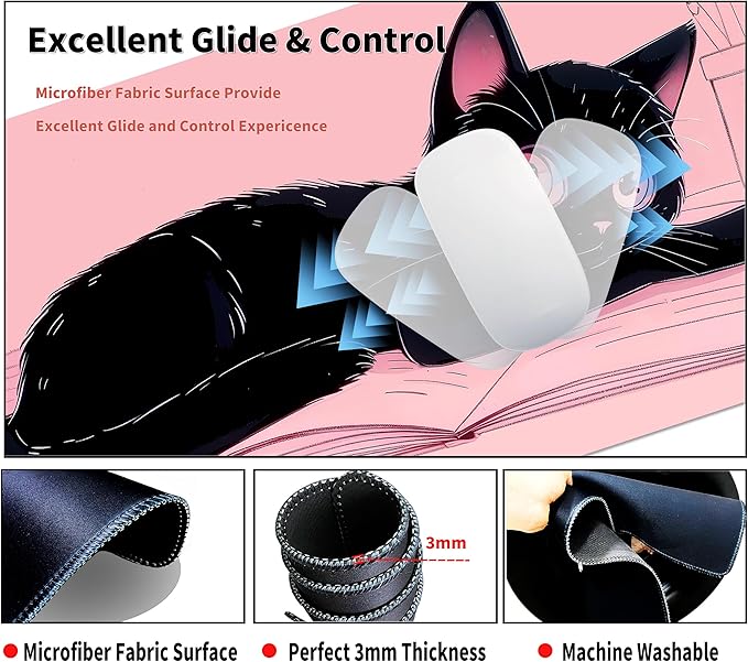 Extended Mouse Pad with Coaster 31.5 x 11.8 Desk Pad Full Desk Mousepad Stitched Edges Desk Mat Long Large Gaming Mouse Pad for Desk Office Home Cat Pink
