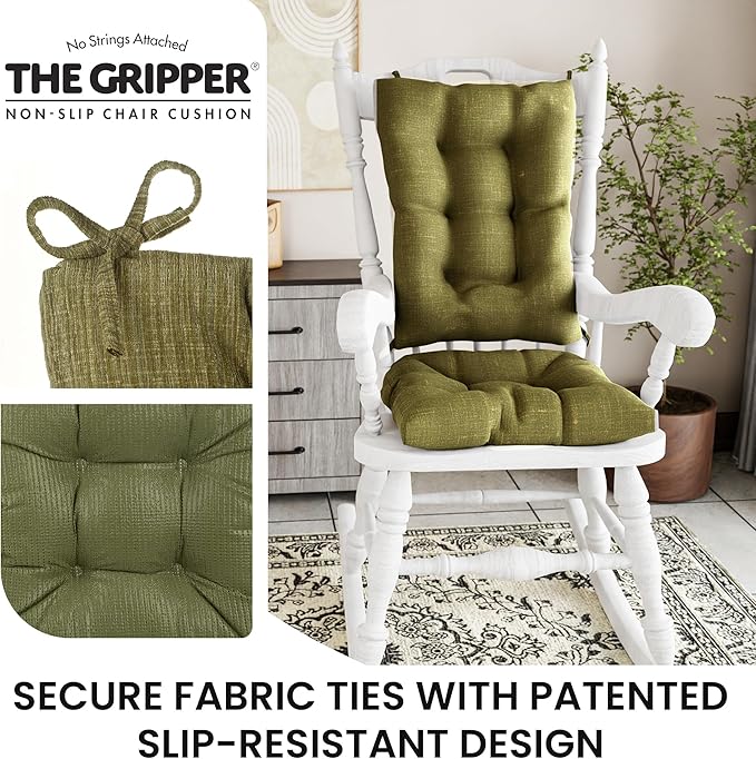 Klear Vu The Gripper Non-Slip Rocking Chair Cushion Set with Thick Padding, Includes Seat Pad & Back Pillow with Ties for Indoor Living Room Rocker, 17x17 Inches, 2 Piece Set, Jade