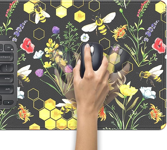 Bees and Honeycombs Mouse Pad,XL Large Wildflowers Mousepad Desk Pad with Stitched Edges,Non-Slip Waterproof Rubber Base Mouse Mat Desk Mat for Office Computer Keyboard Laptop Home 27.5x11.8 in
