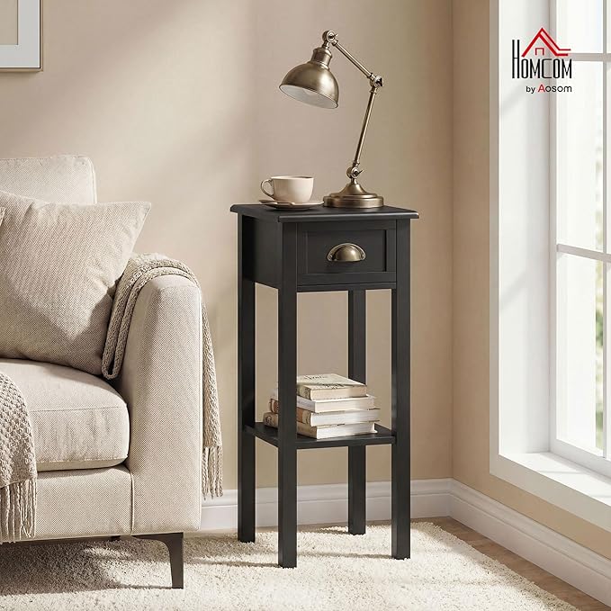 HOMCOM Narrow End Table with Drawer and Bottom Shelf, Slim Side Table for Small Spaces, Skinny Modern Accent Desk for Living Room, Set of 1, Black