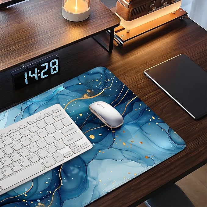 Large Mouse Pad, Blue Abstract Marble Desk Mat, Extended Gaming Mouse Pad with Non-Slip Rubber Base, Thick 3mm Smooth Surface Keyboard Mat for Office & Home,35.5 x 15.8 in