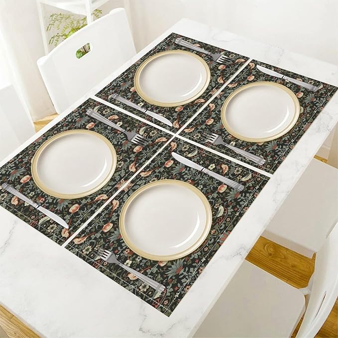 William Morris Bird Placemats Retro Bird Elegant Animal Pattern Linen Washable Table Mats Stain Heat-Resistant Desktop Decor Place Mats for Home Kitchen Dining Party 12x18 in 6 PCS