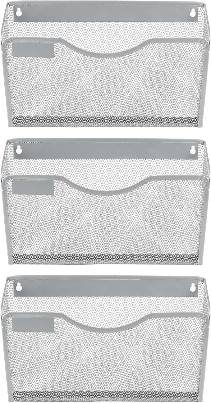EasyPAG 3 Pack Wall File Organizer with Label Panel, Metal Mesh Hanging File Folder Holder for Letter/A4 Size Folders, Vertical Wall Mount Mail Sorter for Office Paperwork, Classroom, Silver