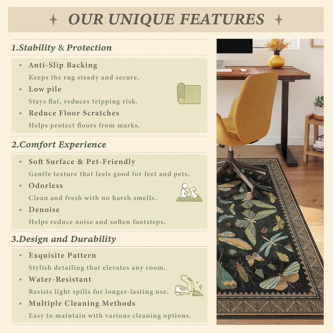 4'x5' Black Office Chair Mat for Hardwood Floors, Insect Boho Design,Non-Slip Low Pile Desk Rug, 48"x60" Small Area Rug for Computer Desk Home Office, Machine Washable WFH Essential for Dorm Room