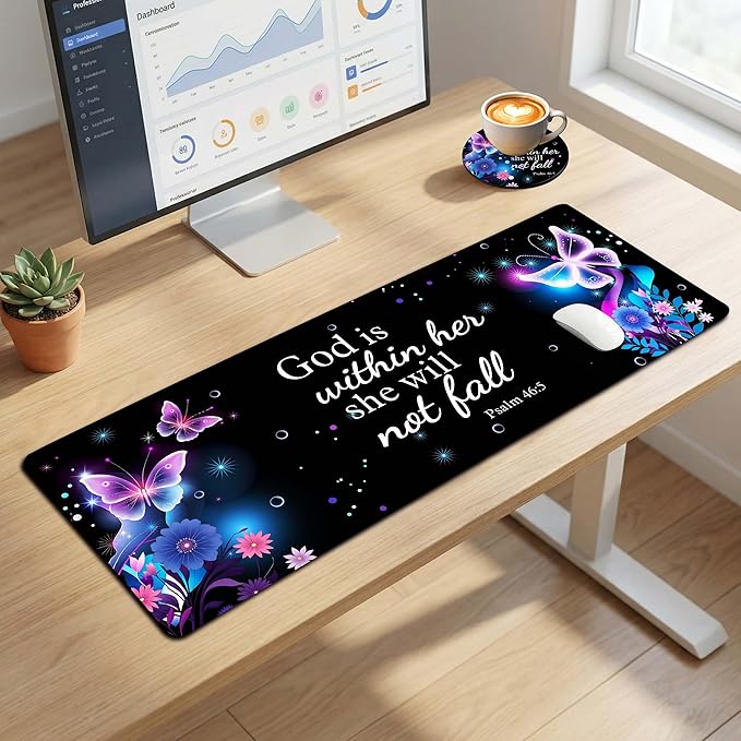 Extended Mouse Pad 31.5 x 11.8 Inches – AiLiTeck Decorative Desk Mat Mousepad with Stitched Edges for Home Office, Waterproof Washable, Includes Matching Coaster Bible Verse Women