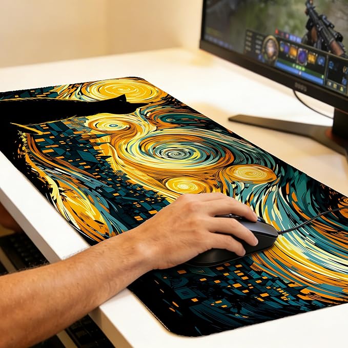 Yellow Starry Night Cat Mouse Pad,35.4 x 15.7 Inch Large Mouse Mat Non-Slip Rubber Stitched Edges for Writing Desk,Office,Home,Laptop