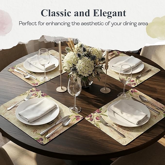 Pimpernel Olive Orchard Placemats, Set of 4 - Decorative Table Placemats with Rustic Village & Olive Branch Design, Heat & Stain Resistant, Cork Backed, Perfect for Kitchen, Dining & Entertaining