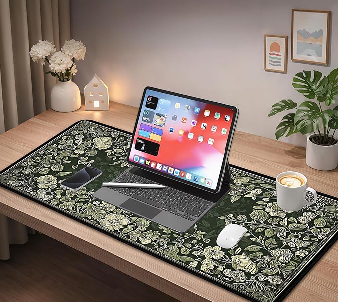 Deep Green Floral Mouse Pad XXL, Vintage Plant Desk Pad, Large Gaming Desktop Anti Slip Mats, Laptop Mat Mousepads with Stitched Edges, Suitable for Office Gaming Home Desktop Decor 31.5"X15.7"